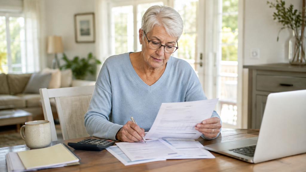 Senior homeowner reviewing healthcare bills and household expenses at home.