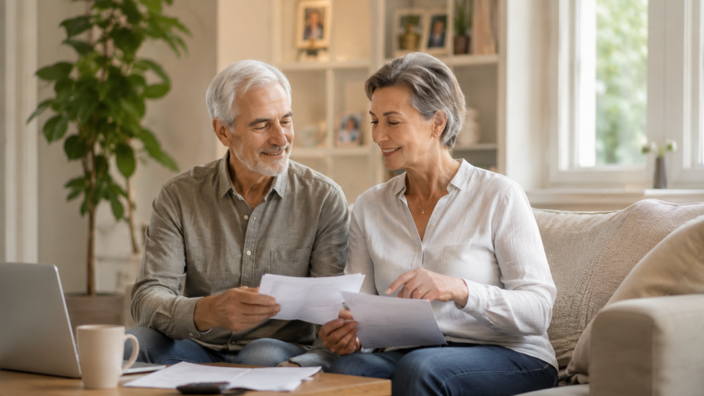 Older couple reviewing documents together in their living room