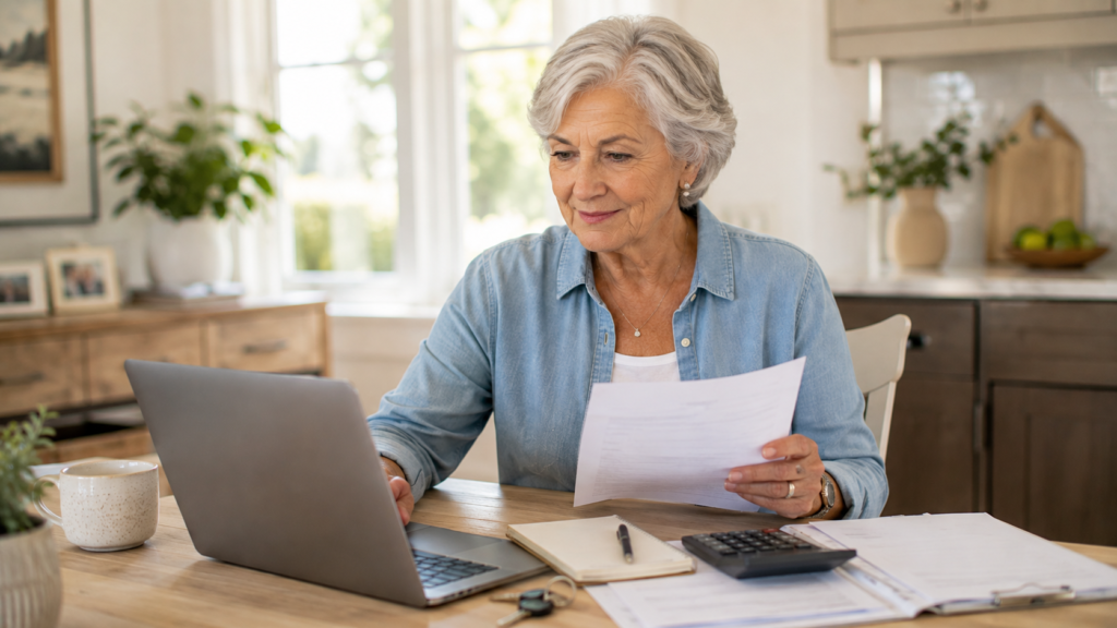 Senior homeowner reviewing financial documents and future expenses with a laptop at home.