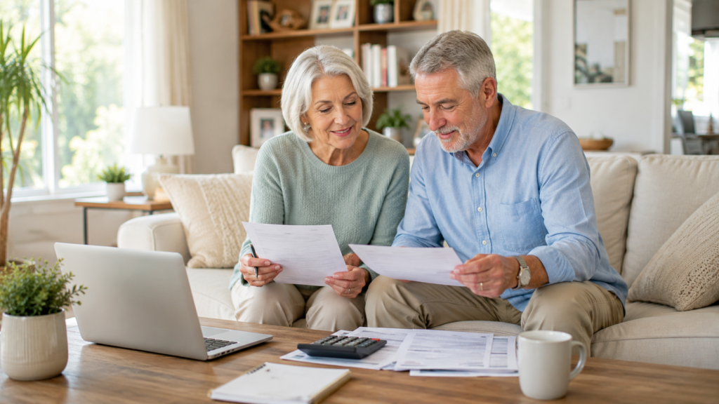 Retired couple reviewing monthly household expenses and financial documents in their living room.