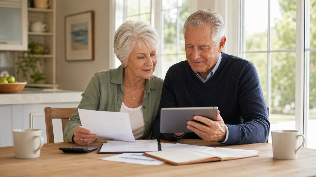 Retired couple reviewing financial documents and retirement plans together at home.