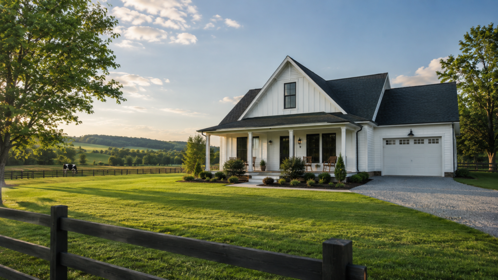 White farmhouse in a rural setting with open fields and fencing