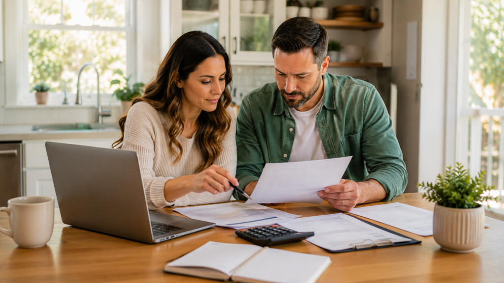Couple reviewing household finances and mortgage documents at a kitchen table