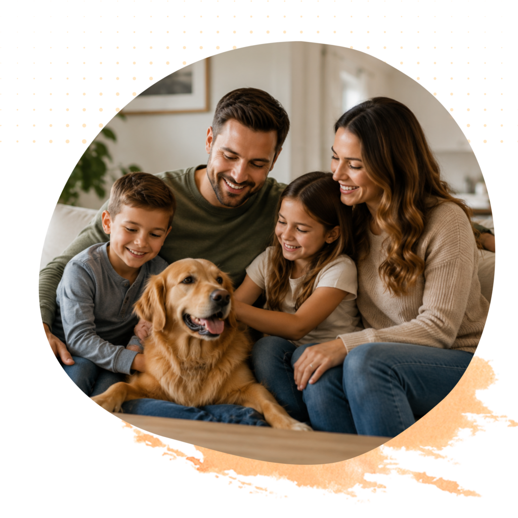 Family relaxing with their dog in their primary residence