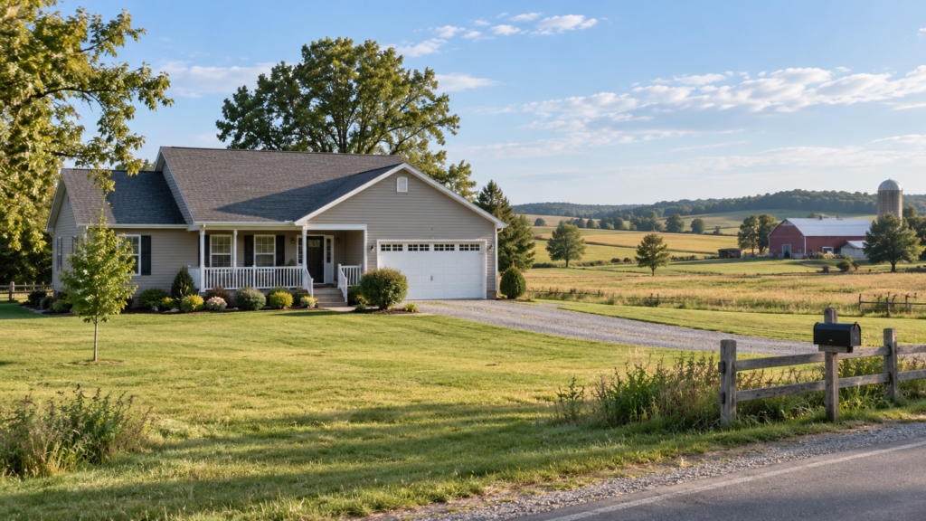 Modest single-family home in a small-town setting with open land and fields nearby, representing a USDA home loan property.