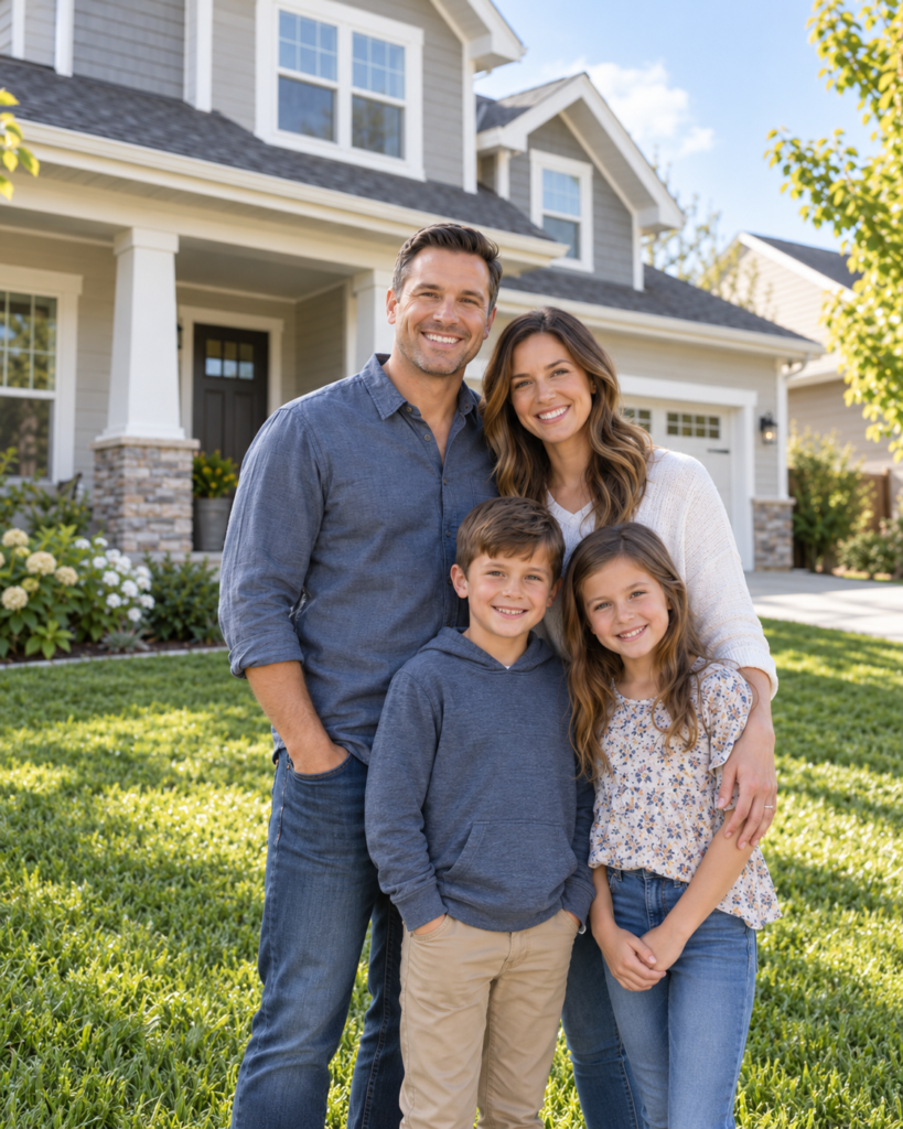 Veteran and family standing outside their home