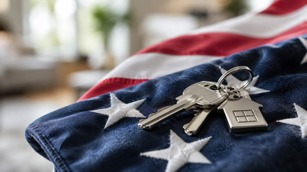 House keys resting on a folded American flag