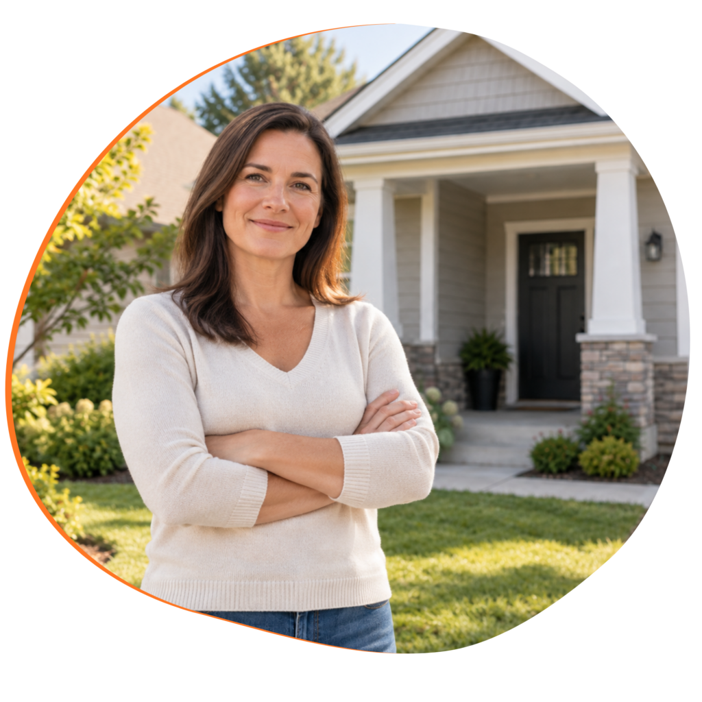 Woman standing in civilian clothing in front of a single-family home