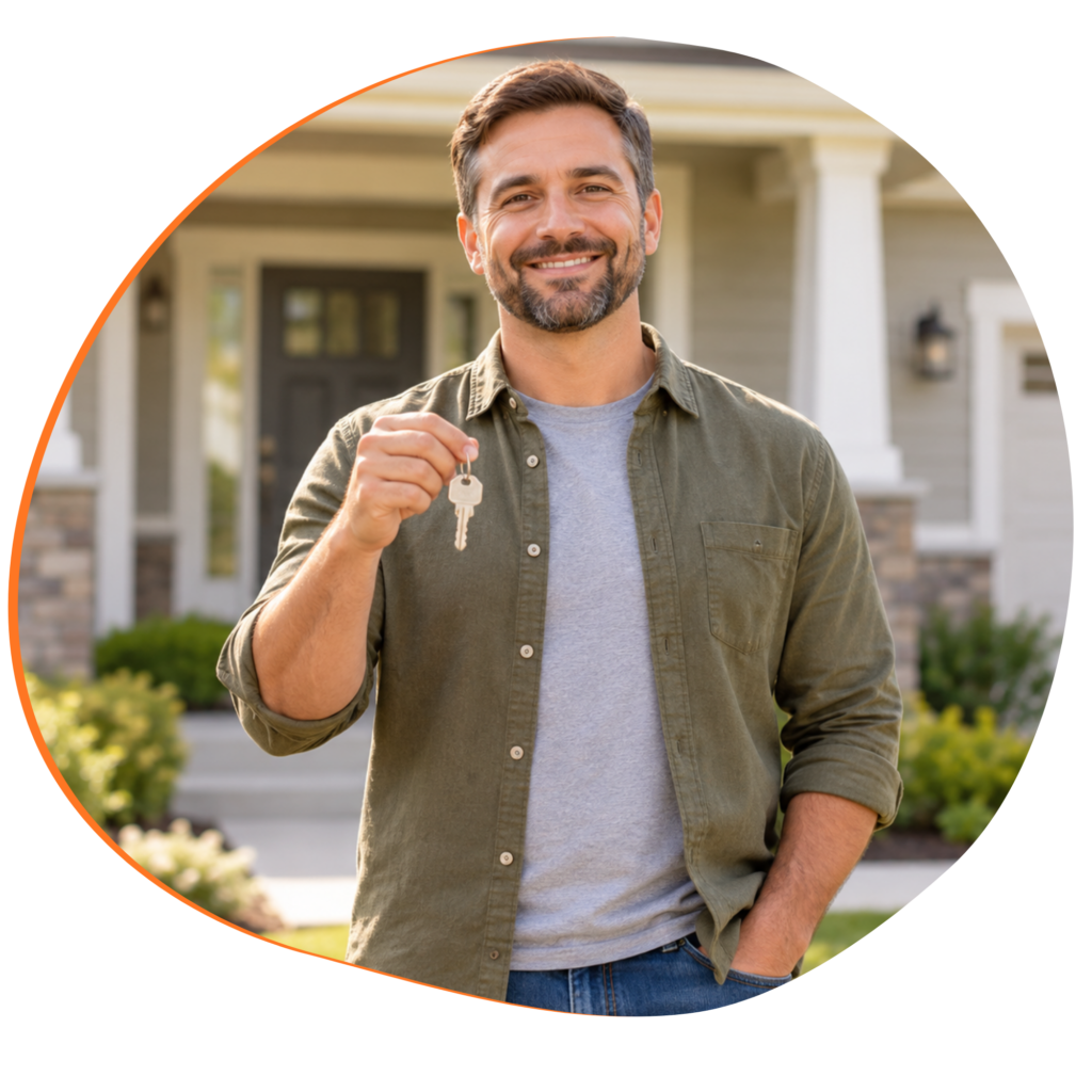 Man standing in civilian clothing in front of a single-family home