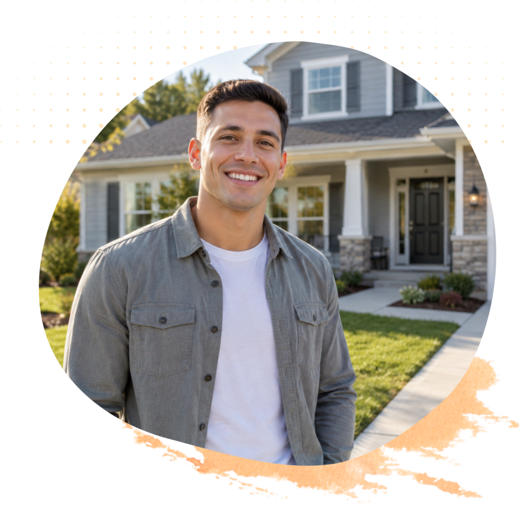 Man standing in civilian clothing outside a single-family home