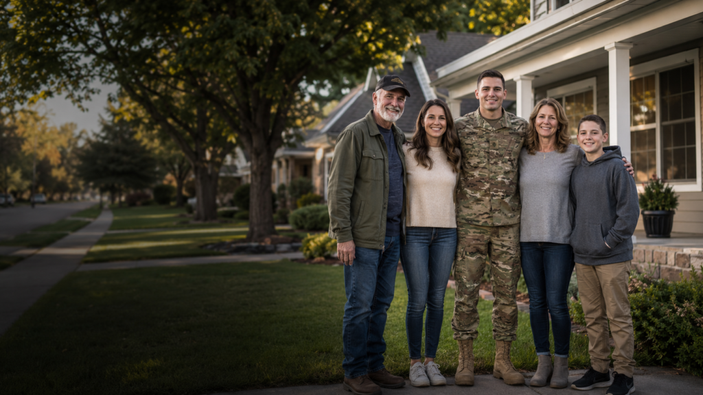 Military family standing together outside their home