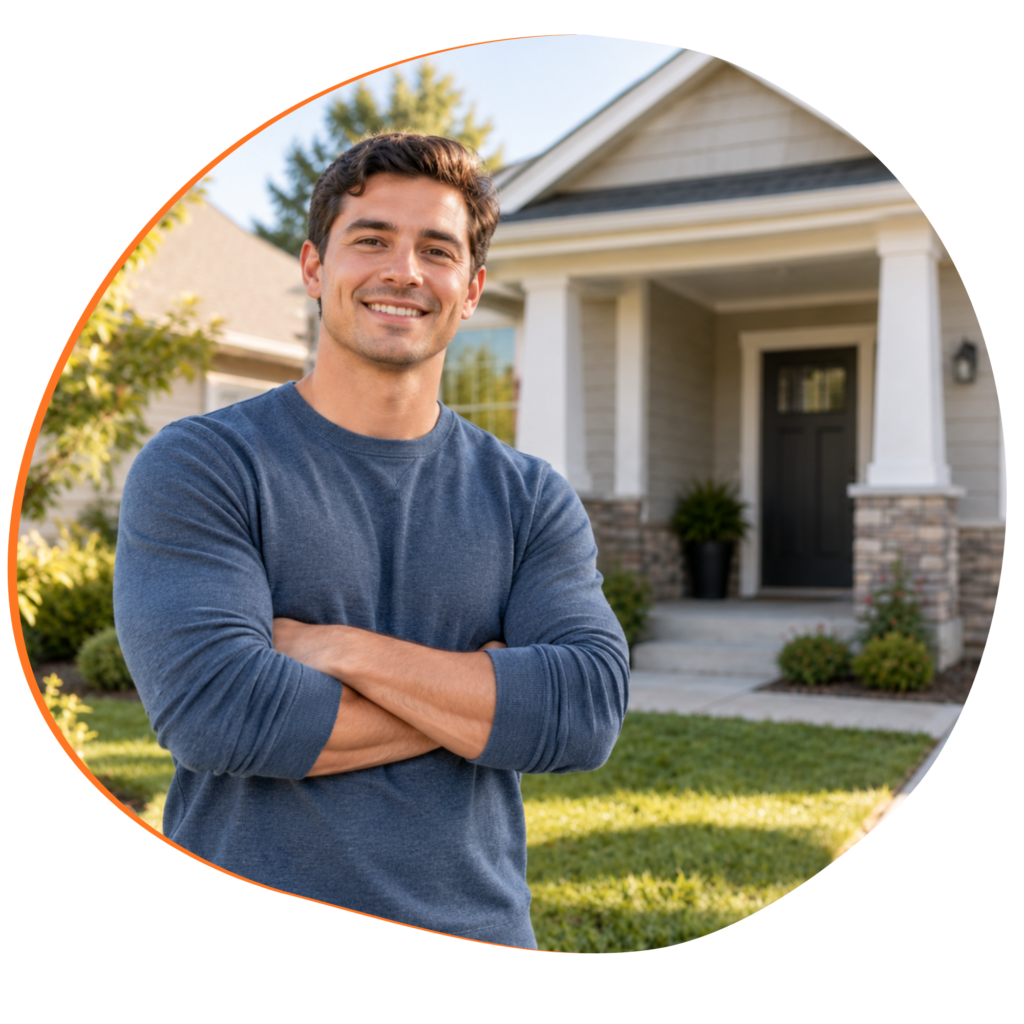 Man standing in civilian clothing in front of a single-family home